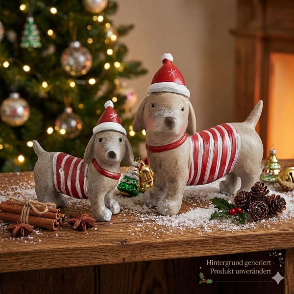 2er-Set in Grau - Dekofiguren Hunde im Weihnachts-Outfit